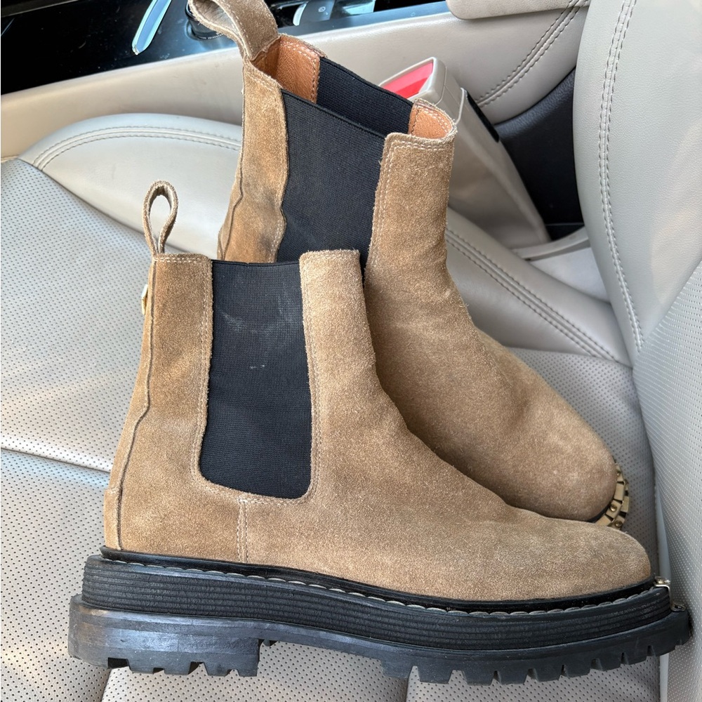 Sandro Taupe Suede Chelsea Ankle Boots with Black Elastic